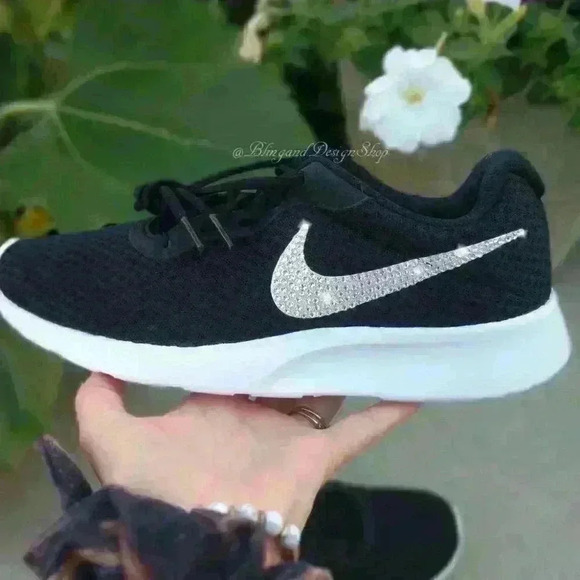 Nike Swarovski Women's Nike Tanjun Sneakers Black White Customized with Crystals - Picture 1 of 7